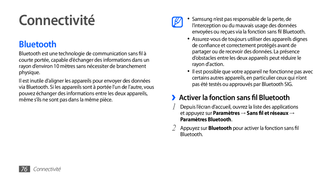 Samsung YP-GS1CW/XEF, YP-GS1CB/XEF manual Connectivité, ››Activer la fonction sans fil Bluetooth, Paramètres Bluetooth 