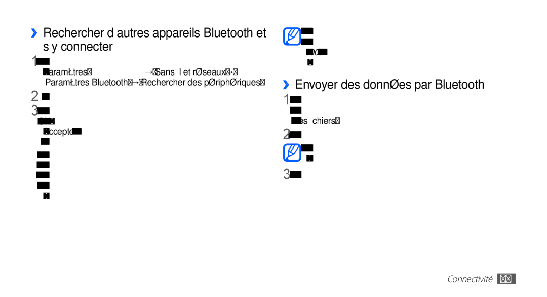 Samsung YP-GS1CB/XEF manual ››Rechercher d’autres appareils Bluetooth et s’y connecter, ››Envoyer des données par Bluetooth 