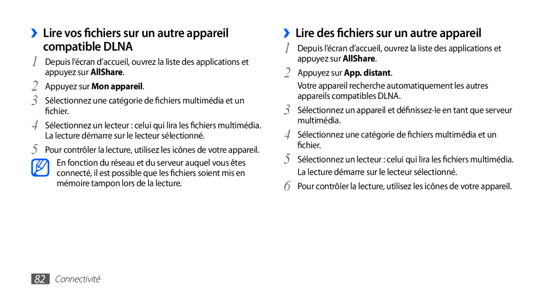 Samsung YP-GS1CW/XEF ››Lire vos fichiers sur un autre appareil compatible Dlna, ››Lire des fichiers sur un autre appareil 