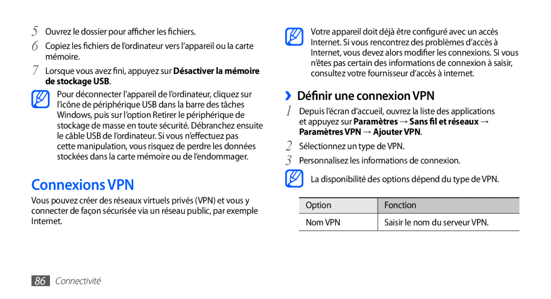 Samsung YP-GS1CW/XEF manual Connexions VPN, ››Définir une connexion VPN, De stockage USB, Paramètres VPN → Ajouter VPN 