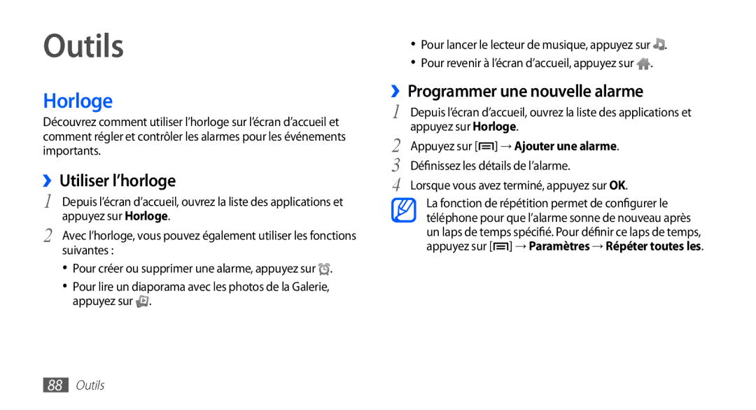 Samsung YP-GS1CW/XEF manual Outils, Horloge, ››Utiliser l’horloge, ››Programmer une nouvelle alarme, → Ajouter une alarme 