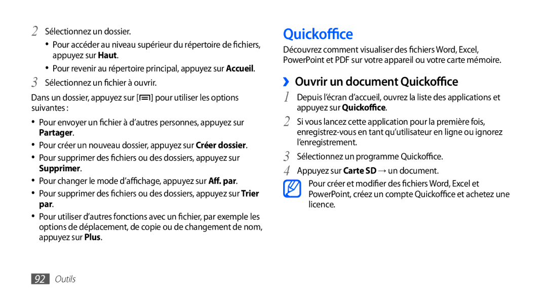 Samsung YP-GS1CW/XEF manual ››Ouvrir un document Quickoffice, ’enregistrement, Sélectionnez un programme Quickoffice 
