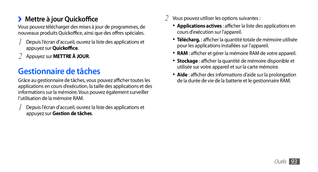 Samsung YP-GS1CB/XEF, YP-GS1CW/XEF manual Gestionnaire de tâches, ››Mettre à jour Quickoffice 