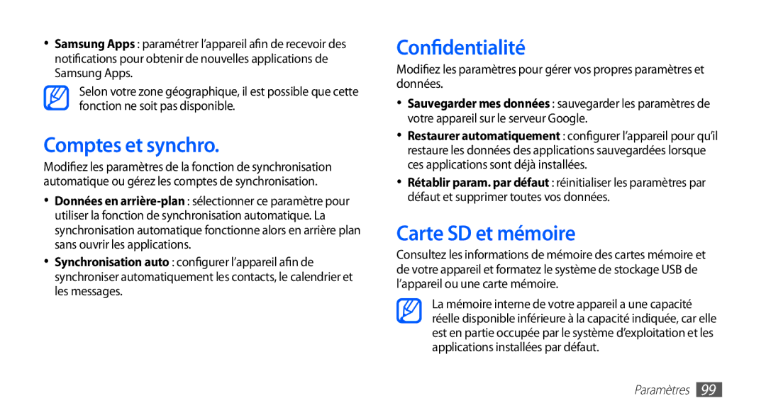 Samsung YP-GS1CB/XEF, YP-GS1CW/XEF manual Comptes et synchro, Confidentialité, Carte SD et mémoire 