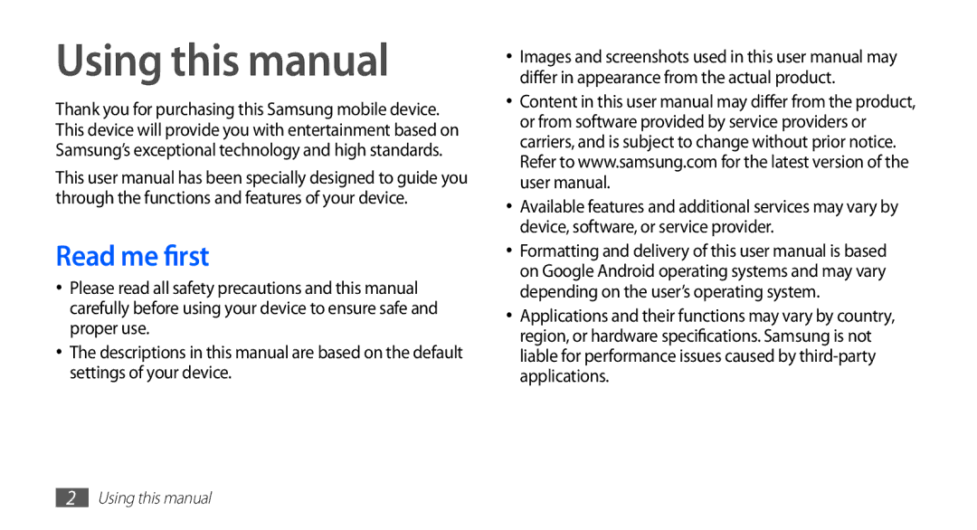 Samsung YP-GS1CW/SUN, YP-GS1CW/XSV, YP-GS1EB/XEF, YP-GS1CB/SUN Using this manual, Read me first 