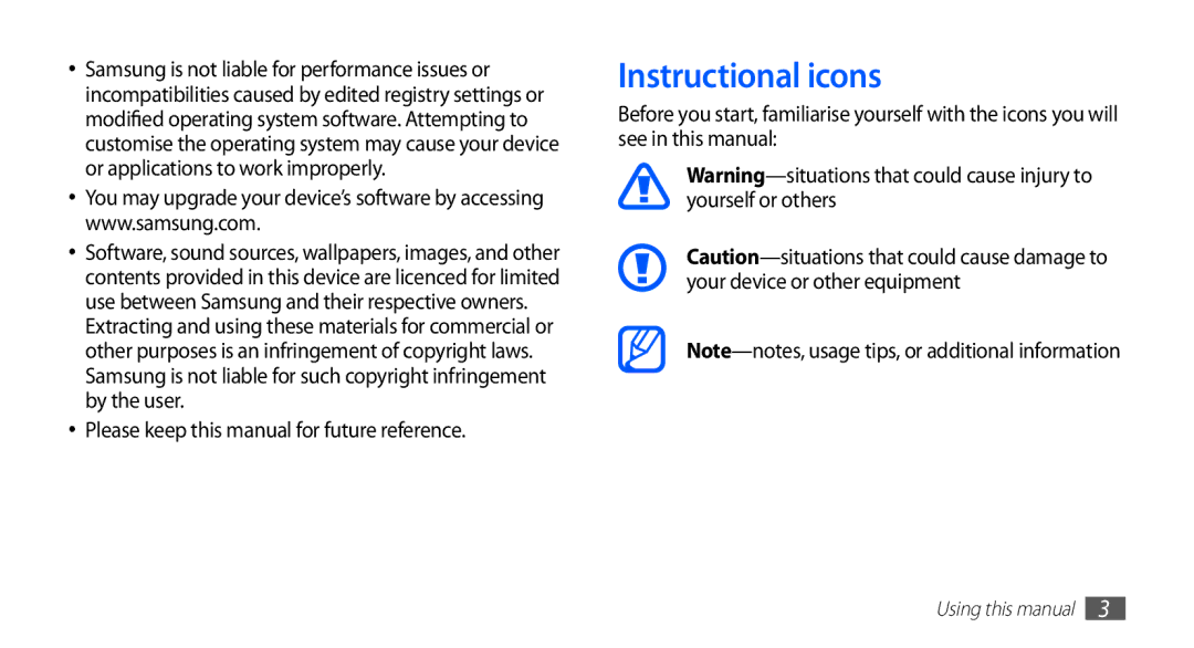 Samsung YP-GS1CB/SUN, YP-GS1CW/XSV, YP-GS1EB/XEF Instructional icons, Please keep this manual for future reference 