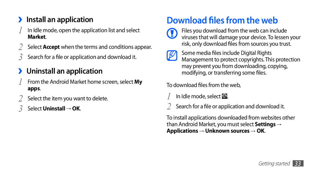 Samsung YP-GS1EB/XEF manual Download files from the web, ›› Install an application, ›› Uninstall an application, Apps 