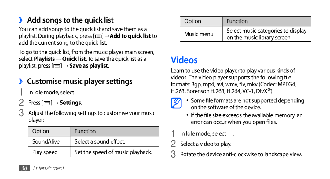 Samsung YP-GS1CW/SUN, YP-GS1CW/XSV, YP-GS1EB/XEF Videos, ›› Add songs to the quick list, ›› Customise music player settings 