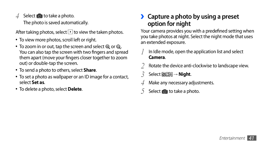 Samsung YP-GS1EB/XEF, YP-GS1CW/XSV, YP-GS1CW/SUN manual ›› Capture a photo by using a preset Option for night, → Night 