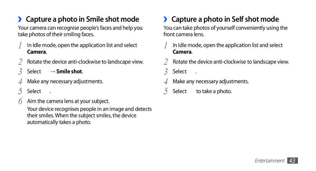 Samsung YP-GS1CB/SUN, YP-GS1CW/XSV manual ›› Capture a photo in Smile shot mode, ›› Capture a photo in Self shot mode 