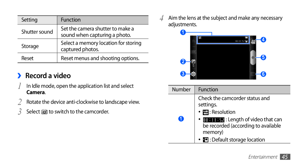 Samsung YP-GS1EB/XEF, YP-GS1CW/XSV, YP-GS1CW/SUN, YP-GS1CB/SUN manual ›› Record a video 