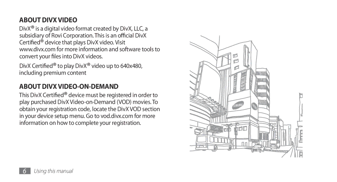 Samsung YP-GS1CW/SUN, YP-GS1CW/XSV, YP-GS1EB/XEF, YP-GS1CB/SUN manual About Divx Video 