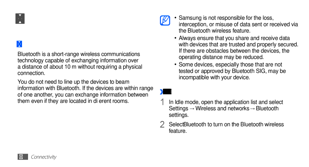 Samsung YP-GS1CW/XSV, YP-GS1EB/XEF, YP-GS1CW/SUN, YP-GS1CB/SUN manual Connectivity, Bluetooth, Settings, Feature 