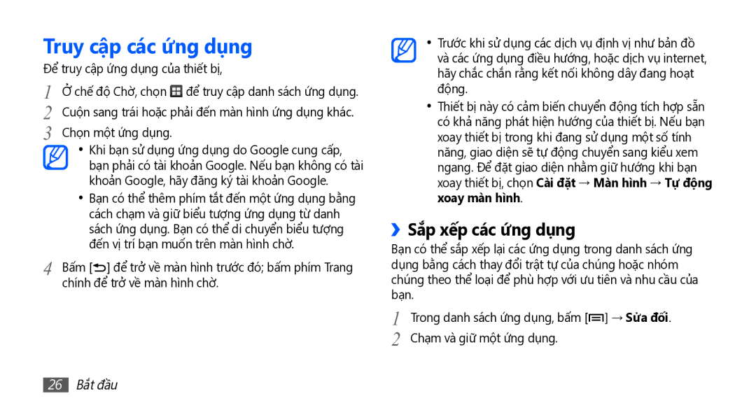 Samsung YP-GS1CW/XSV, YP-GS1EB/XEF manual Truy cập các ứng dụng, ››Sắp xếp các ứng dụng, 26 Bắt đầu 
