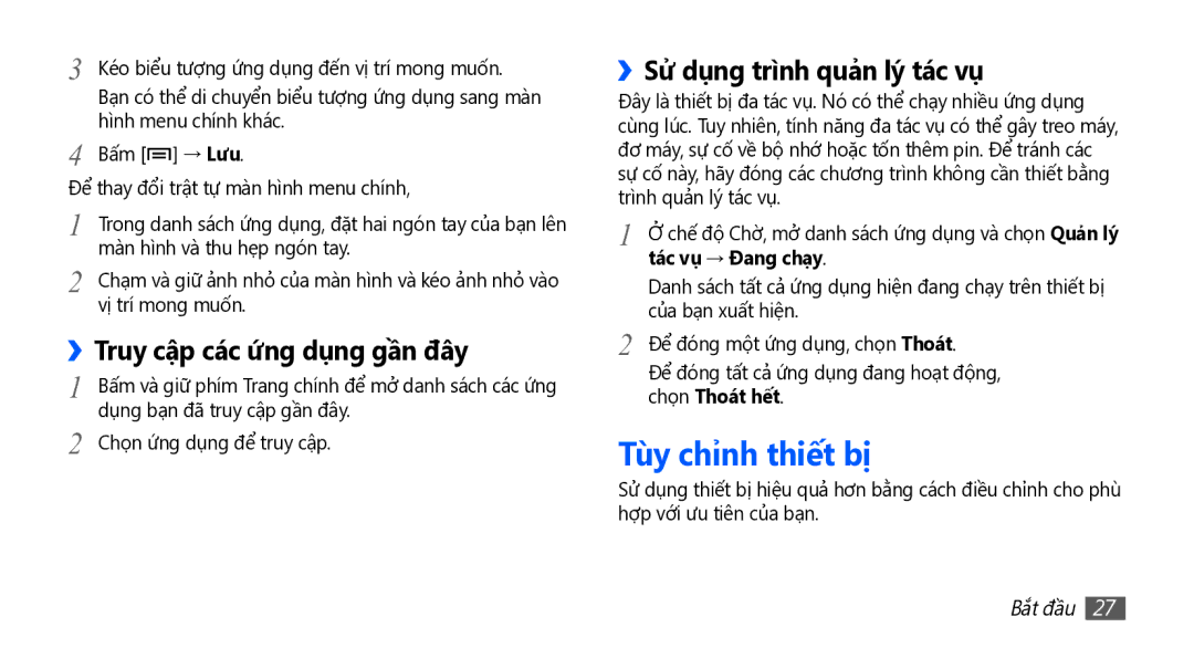 Samsung YP-GS1EB/XEF Tùy chỉnh thiết bị, Truy cập các ứng dụng gần đây, ››Sử dụng trình quản lý tác vụ, Tác vụ → Đang chạy 