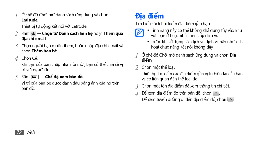 Samsung YP-GS1CW/XSV manual Địa điểm, Bấm → Chon tư Danh sach liên hê hoặc Thêm qua, Đia chi email, Chọn Thêm ban bè 