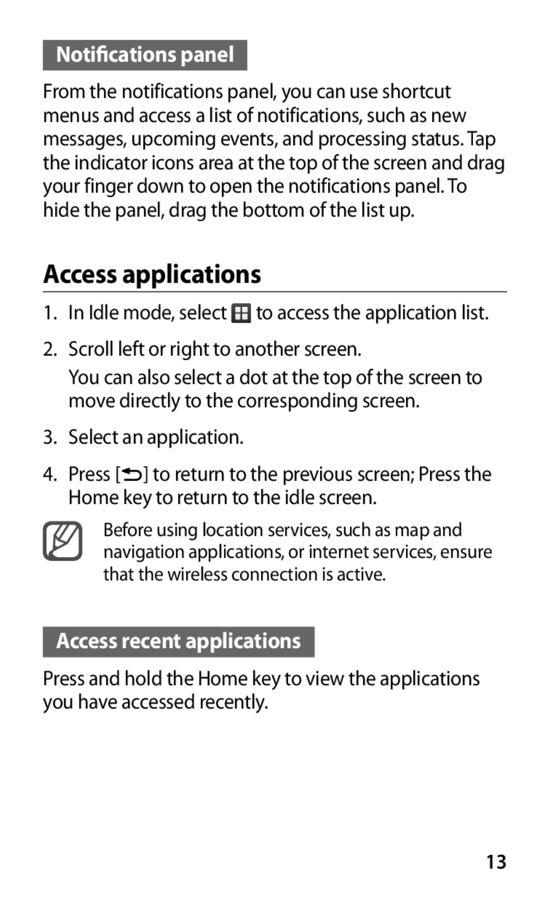 Samsung YP-GS1EB/XEF manual Access applications, Notifications panel 