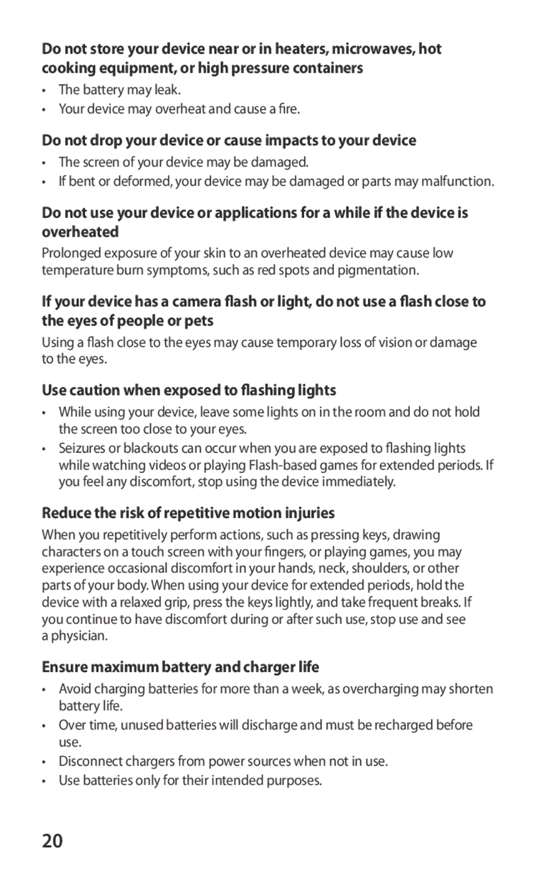 Samsung YP-GS1EB/XEF Do not drop your device or cause impacts to your device, Use caution when exposed to flashing lights 