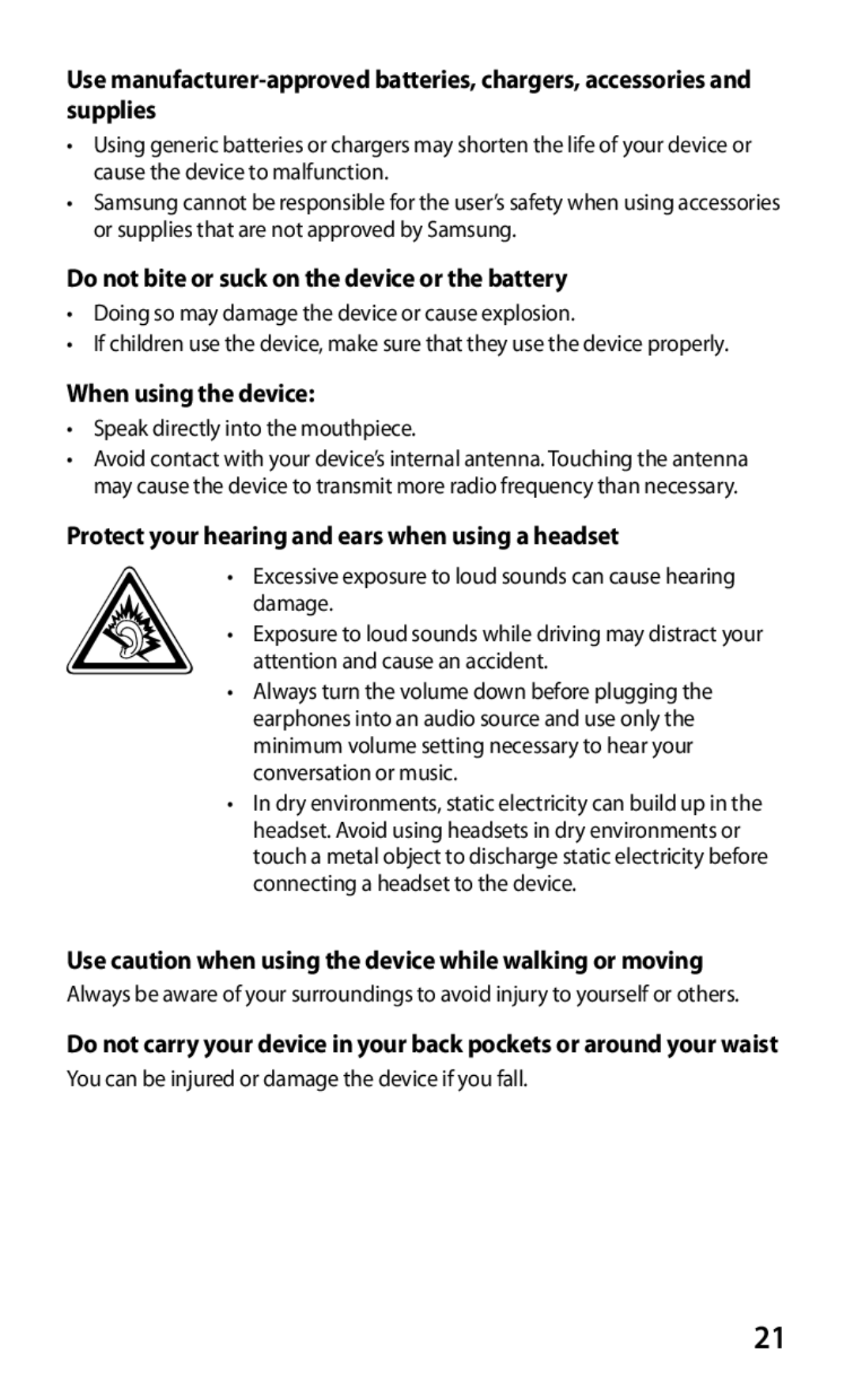 Samsung YP-GS1EB/XEF manual Do not bite or suck on the device or the battery, When using the device 