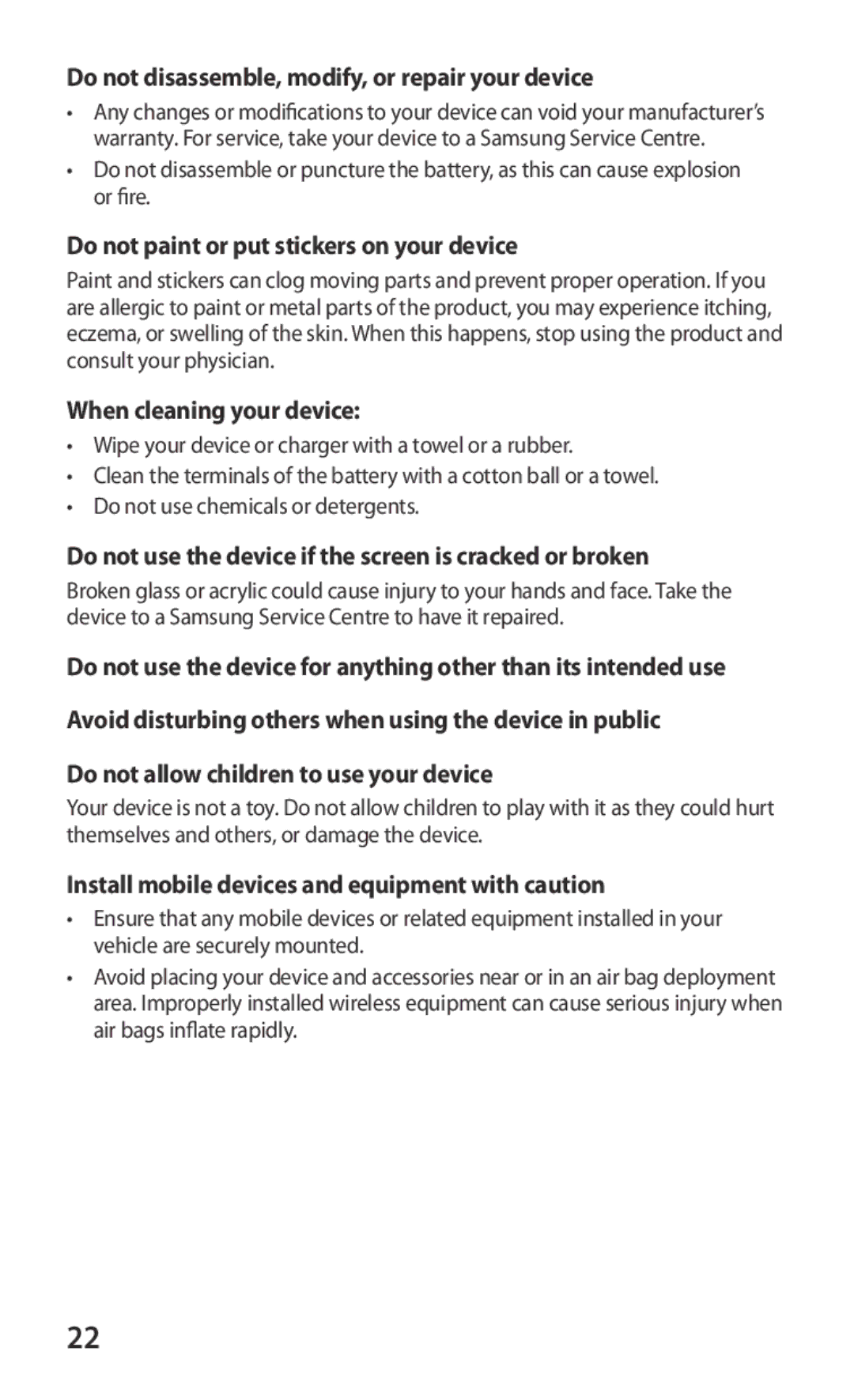 Samsung YP-GS1EB/XEF manual Do not disassemble, modify, or repair your device, Do not paint or put stickers on your device 