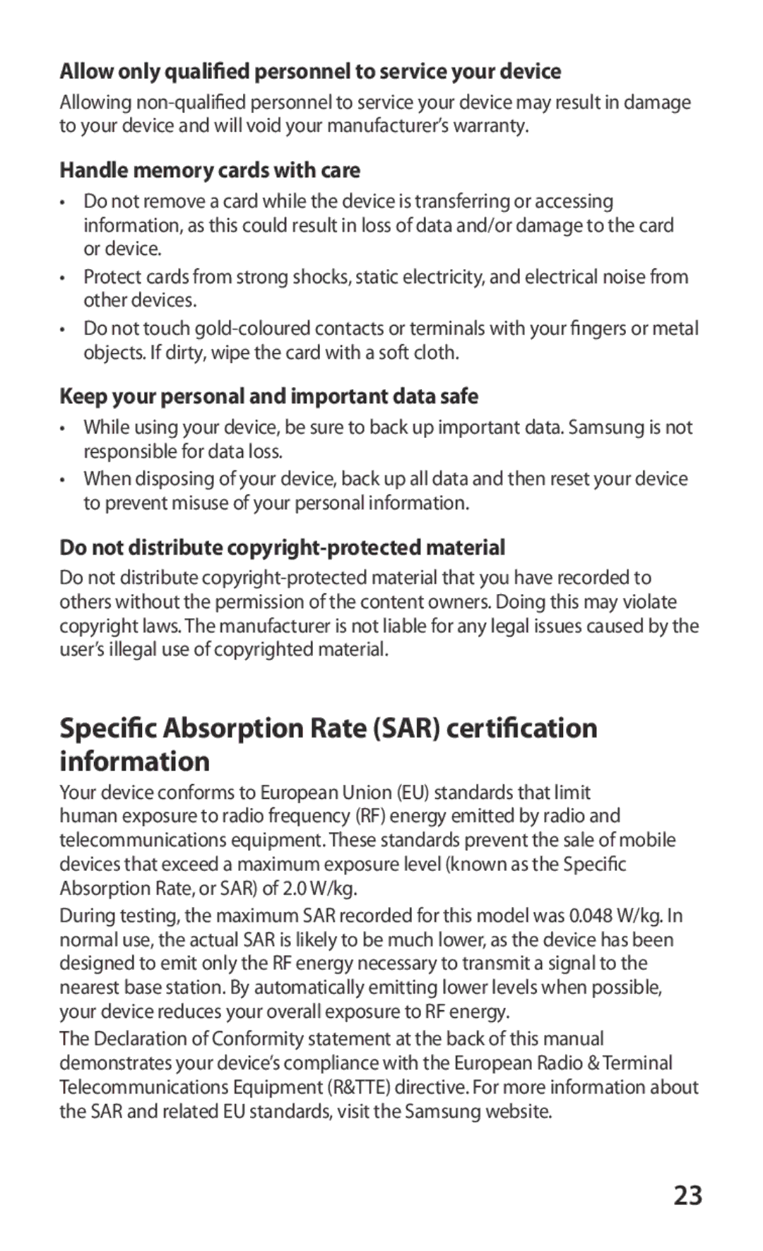 Samsung YP-GS1EB/XEF manual Specific Absorption Rate SAR certification information, Handle memory cards with care 