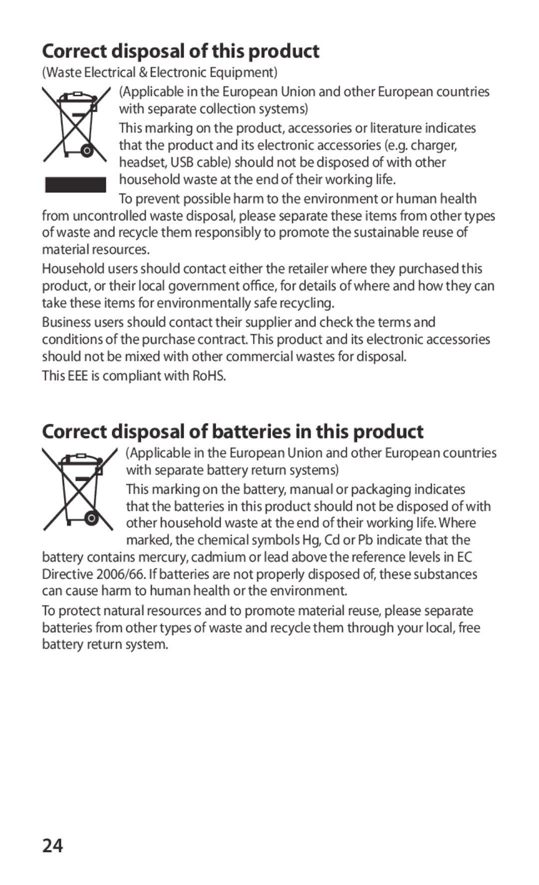 Samsung YP-GS1EB/XEF manual Correct disposal of this product, Correct disposal of batteries in this product 