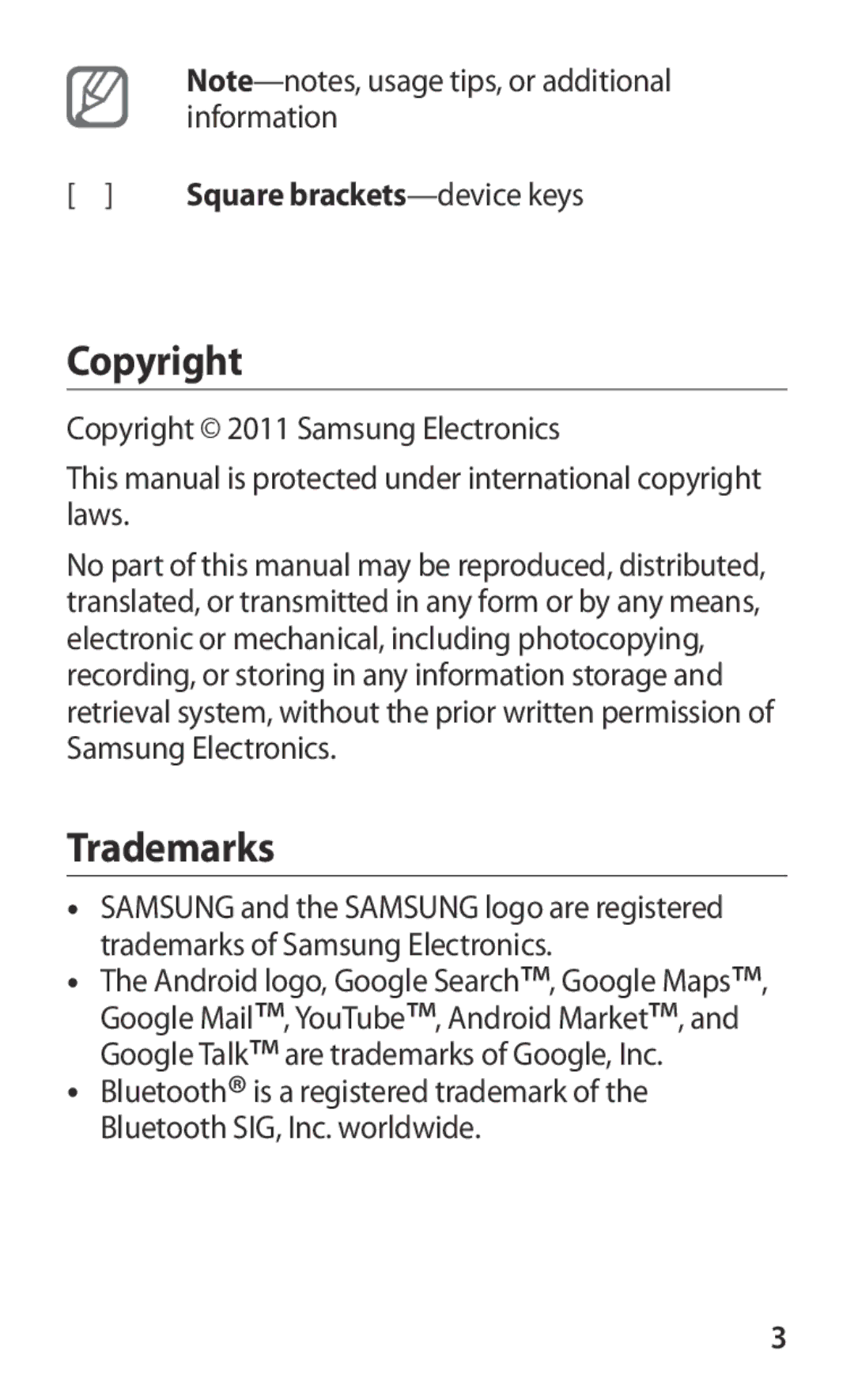 Samsung YP-GS1EB/XEF manual Copyright, Trademarks, Square brackets-device keys 