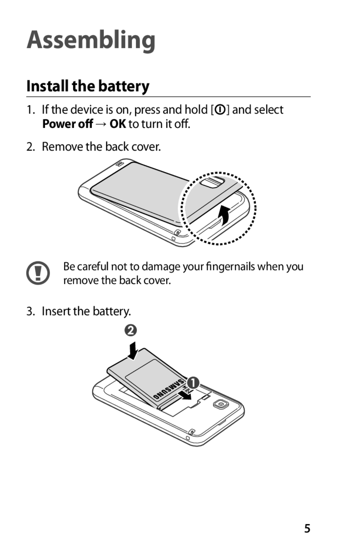 Samsung YP-GS1EB/XEF manual Assembling, Install the battery 