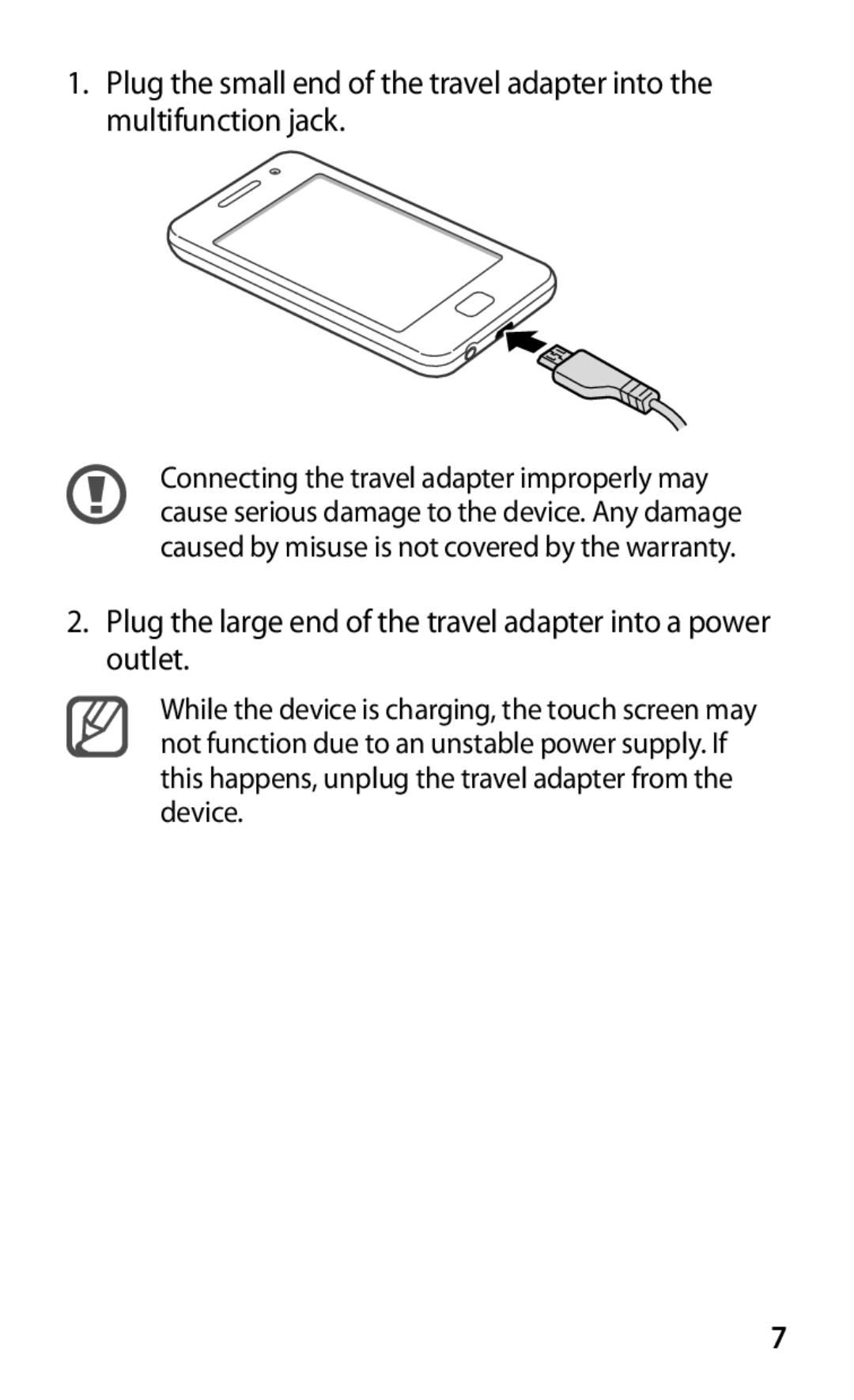 Samsung YP-GS1EB/XEF manual Plug the large end of the travel adapter into a power outlet 