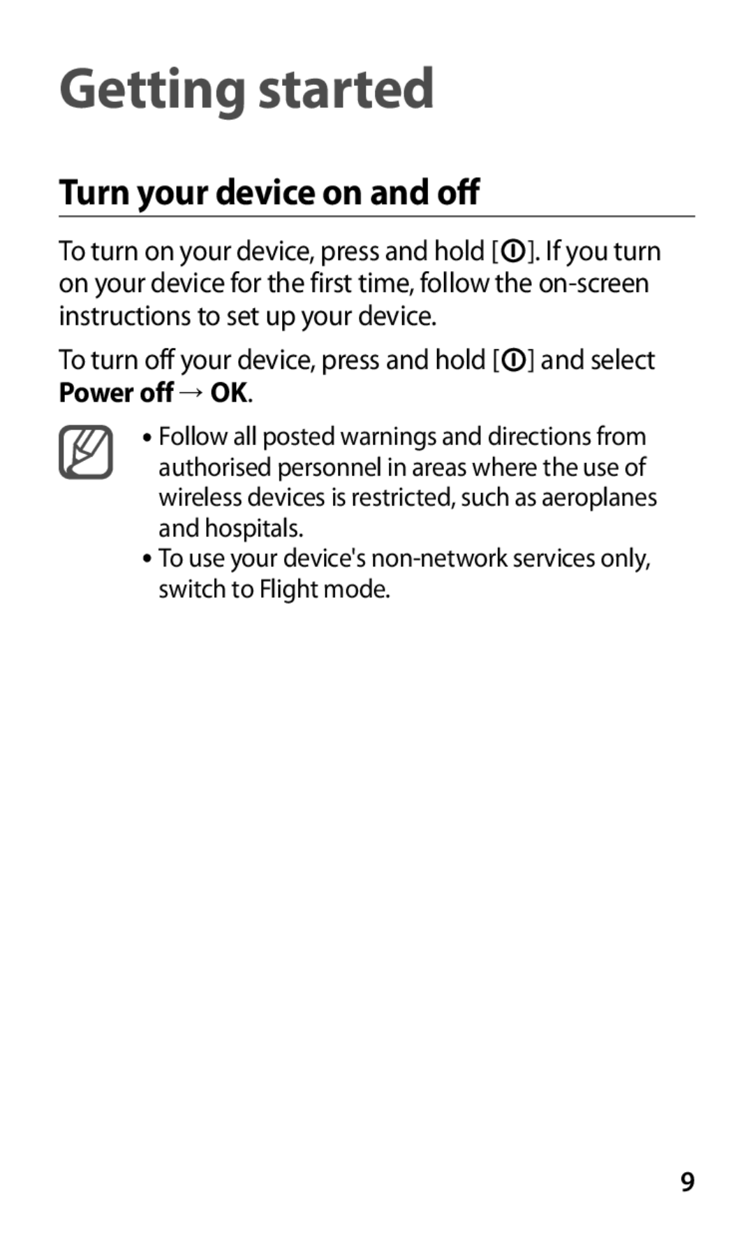 Samsung YP-GS1EB/XEF manual Getting started, Turn your device on and off 