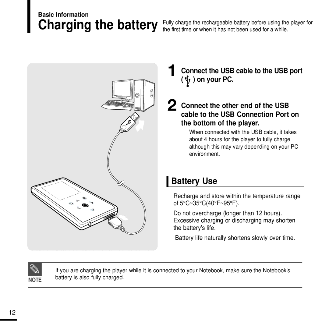 Samsung YP-K3QB/SUN, YP-K3AG/SUN, YP-K3ZR/SUN, YP-K3AR/SUN Battery Use, Battery life naturally shortens slowly over time 