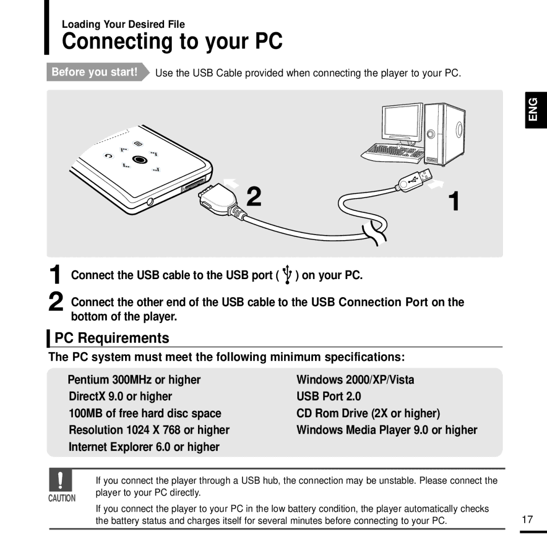 Samsung YP-K3QG/SUN Connecting to your PC, PC Requirements, Bottom of the player, Connect the USB cable to the USB port 