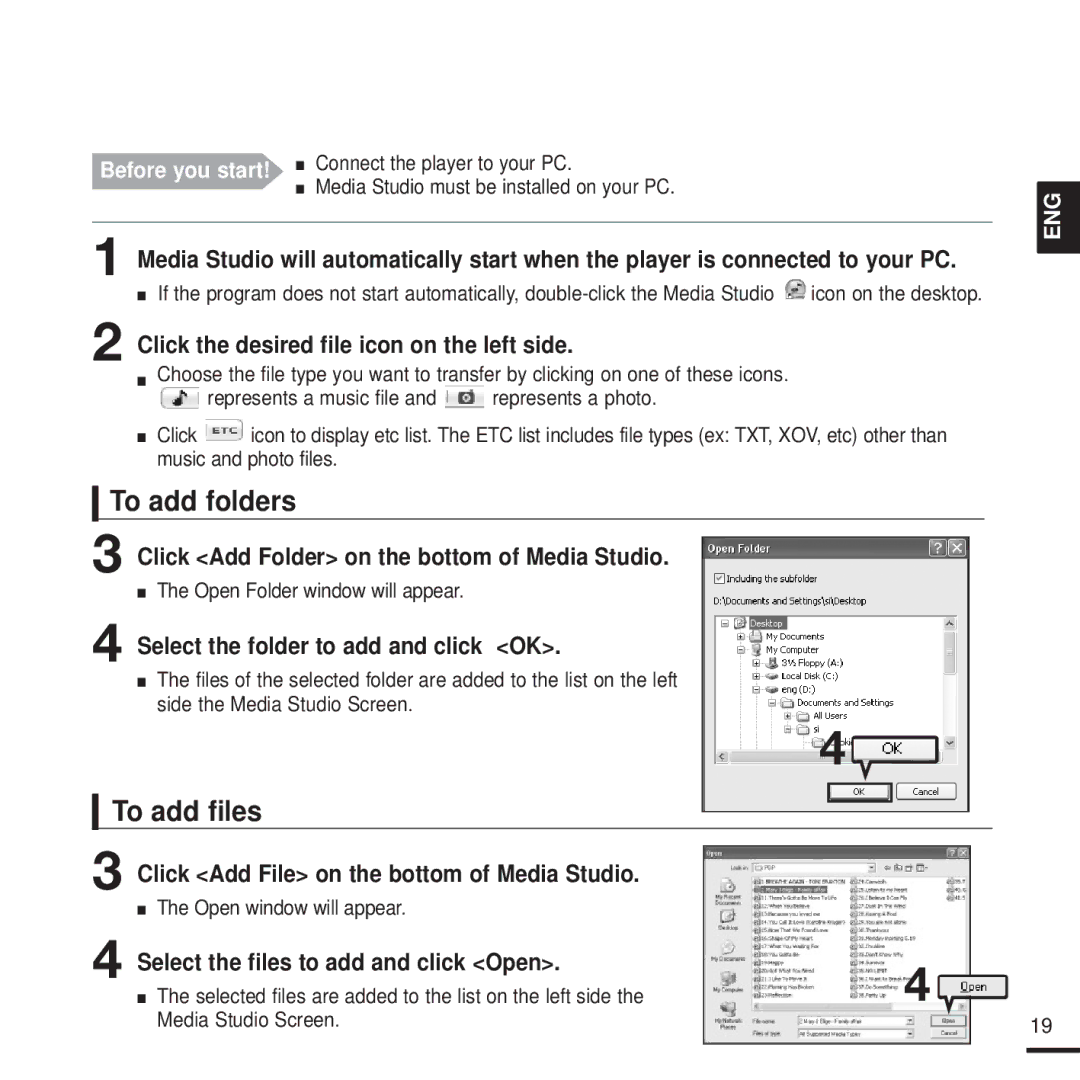 Samsung YP-K3QB/SUN, YP-K3AG/SUN, YP-K3ZR/SUN, YP-K3AR/SUN, YP-K3QG/SUN, YP-K3QR/SUN, YP-K3ZG/SUN To add folders, To add files 