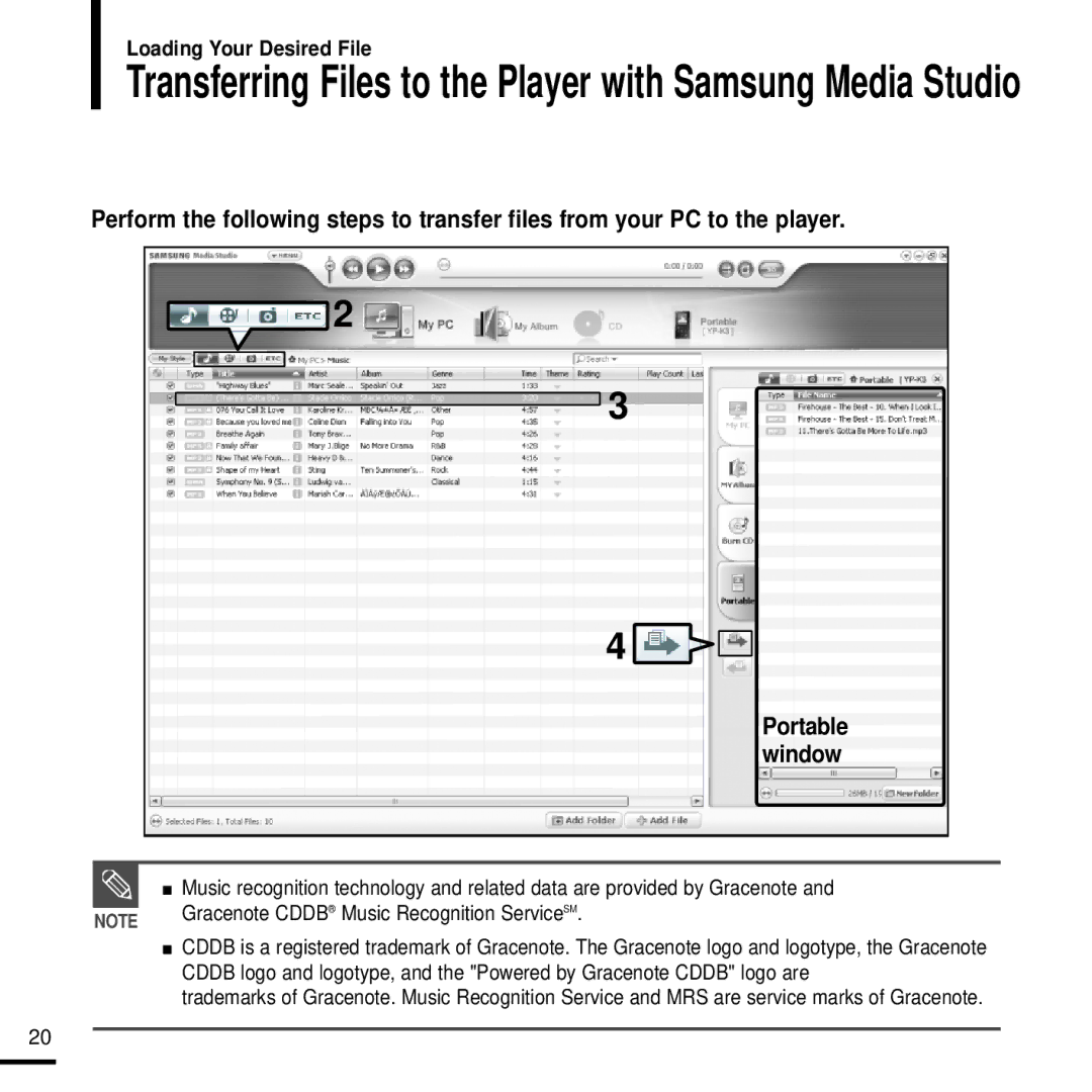 Samsung YP-K3ZG/SUN, YP-K3AG/SUN, YP-K3ZR/SUN Transferring Files to the Player with Samsung Media Studio, Portable window 