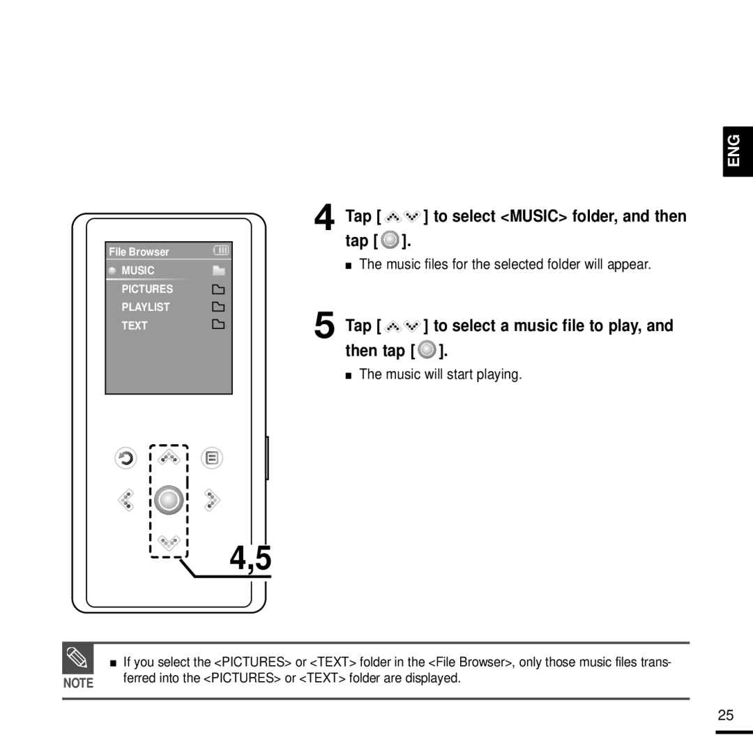 Samsung YP-K3QR/SUN, YP-K3AG/SUN manual Then tap, Music files for the selected folder will appear, Music will start playing 