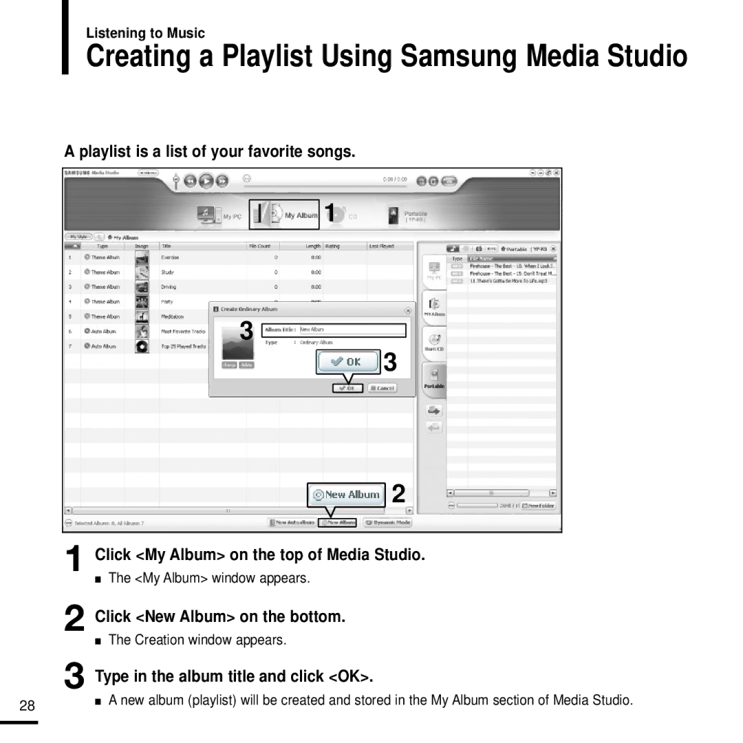 Samsung YP-K3AG/SUN manual Click New Album on the bottom, Type in the album title and click OK, My Album window appears 