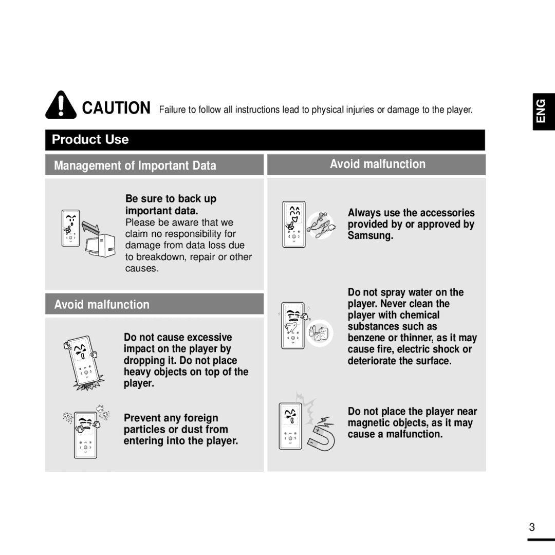 Samsung YP-K3QG/SUN, YP-K3AG/SUN, YP-K3ZR/SUN, YP-K3AR/SUN, YP-K3QR/SUN manual Management of Important Data Avoid malfunction 