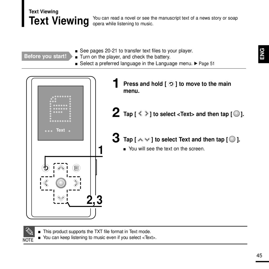 Samsung YP-K3QG/SUN manual Press and hold to move to the main Menu Tap, Tap To select Text and then tap, Text Viewing 