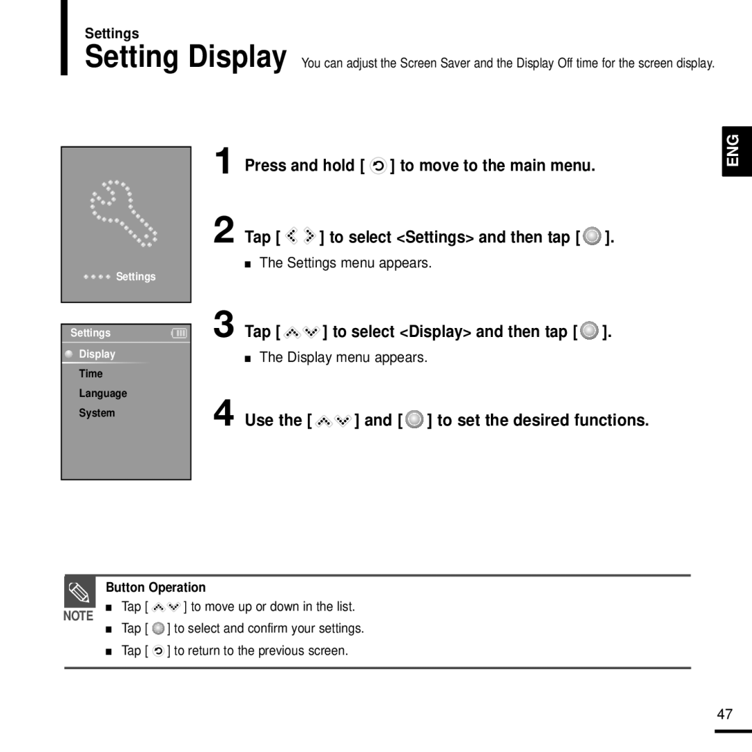 Samsung YP-K3QB/SUN, YP-K3AG/SUN, YP-K3ZR/SUN manual Tap To select Display and then tap, Use, To set the desired functions 