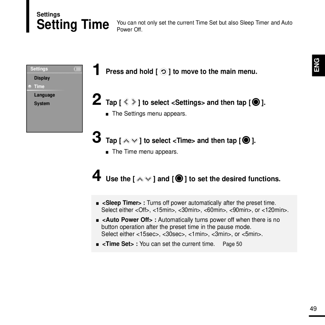 Samsung YP-K3AG/SUN manual Tap to select Time and then tap, Use the and to set the desired functions, Time menu appears 