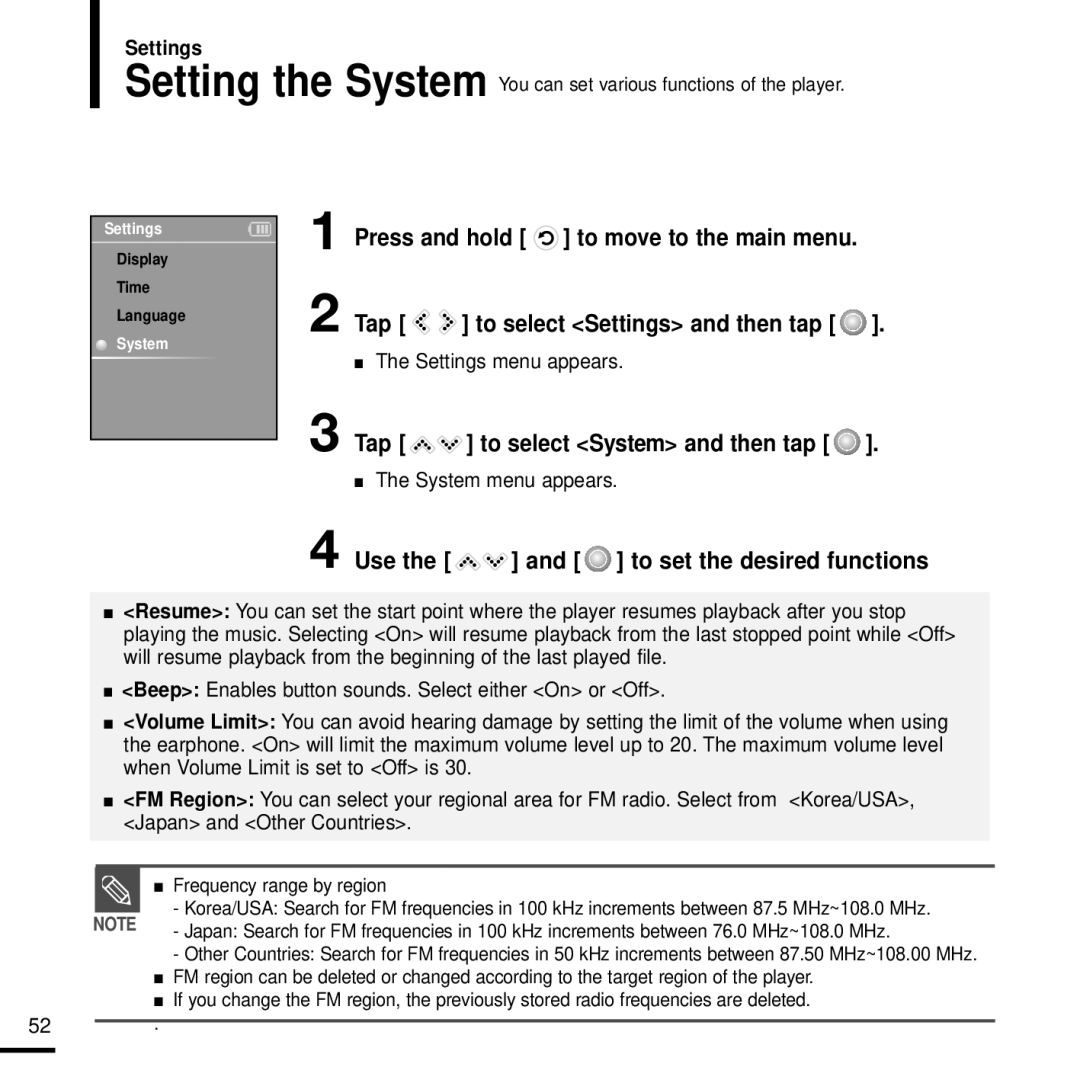 Samsung YP-K3QG/SUN, YP-K3AG/SUN, YP-K3ZR/SUN, YP-K3AR/SUN manual Tap to select System and then tap, System menu appears 