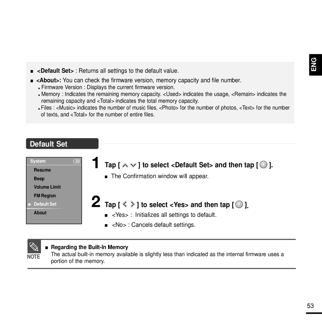 Samsung YP-K3QR/SUN, YP-K3AG/SUN, YP-K3ZR/SUN, YP-K3AR/SUN, YP-K3QG/SUN manual Tap to select Default Set and then tap 