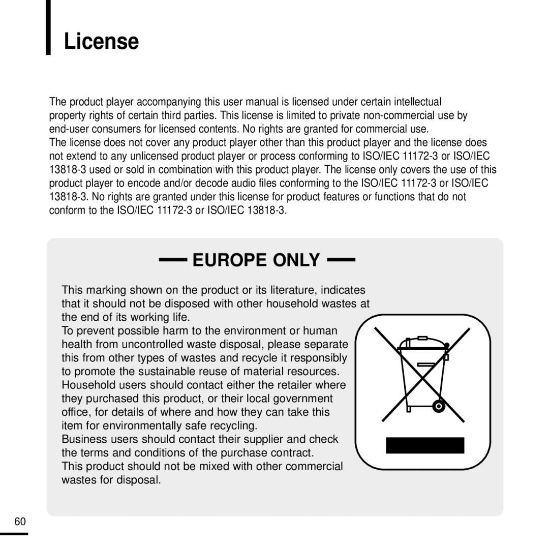 Samsung YP-K3QR/SUN, YP-K3AG/SUN, YP-K3ZR/SUN, YP-K3AR/SUN, YP-K3QG/SUN, YP-K3QB/SUN, YP-K3ZG/SUN manual License, Europe only 