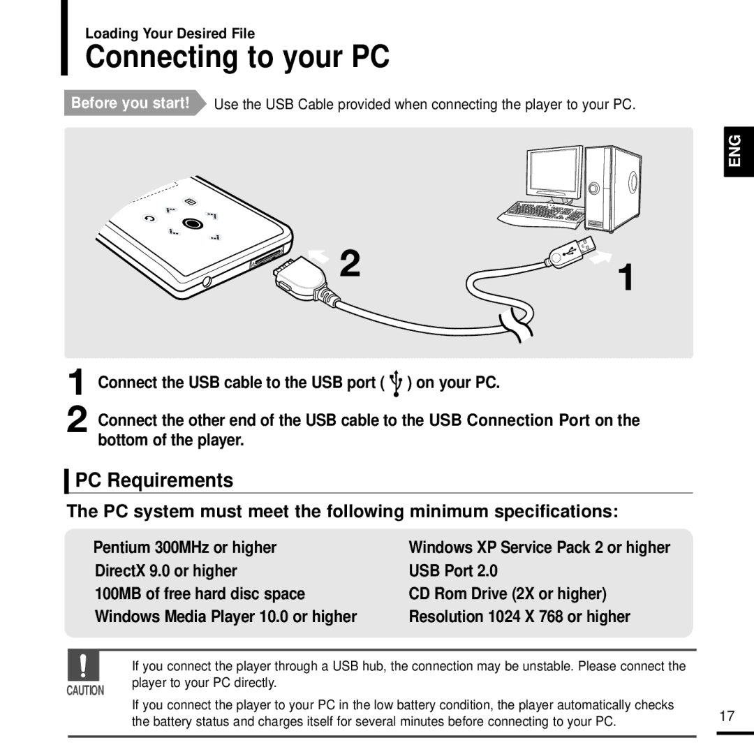 Samsung YP-K3JQB/XEH manual Connecting to your PC, PC Requirements, Connect the USB cable to the USB port on your PC 