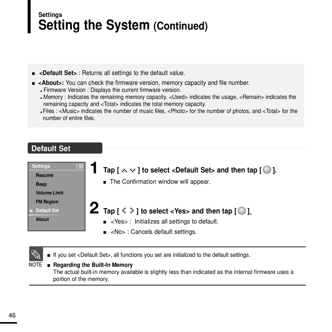 Samsung YP-K3JAB/XEE, YP-K3JAB/XEF, YP-K3JZB/XEF, YP-K3JQB/XEF Setting the System, Tap to select Default Set and then tap 