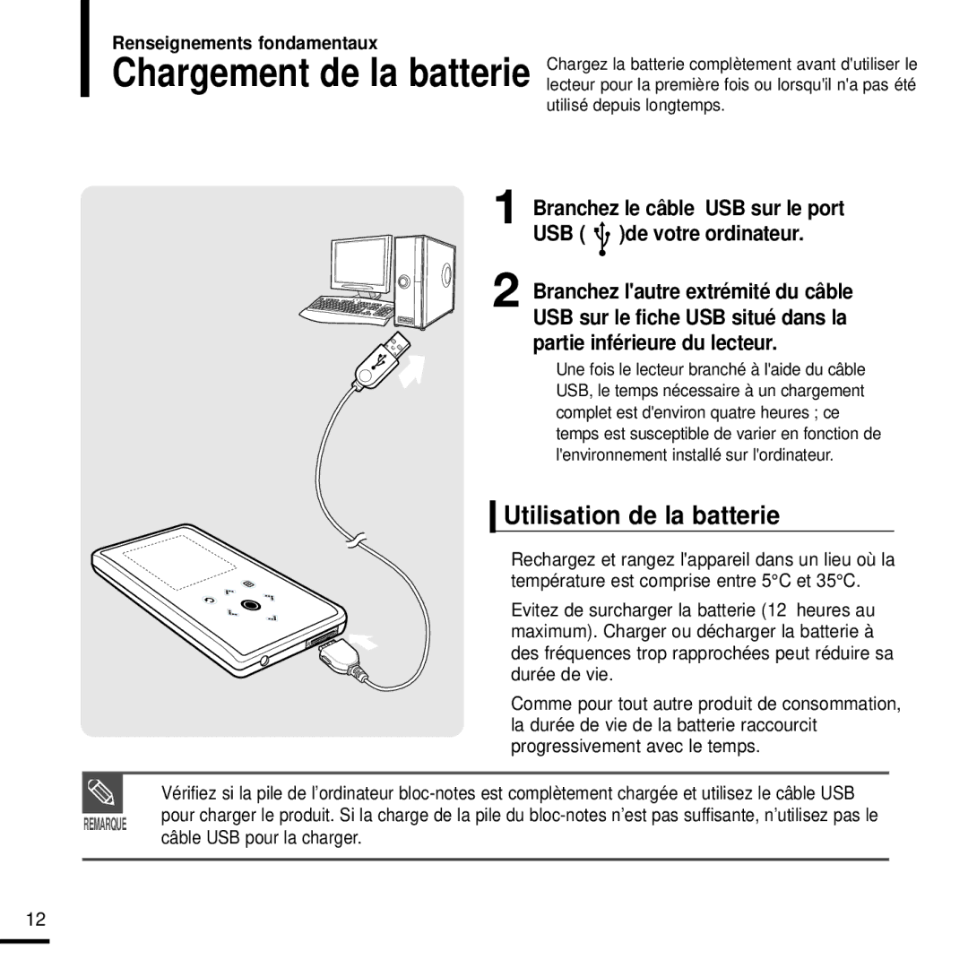 Samsung YP-K3JAB/XEF, YP-K3JZB/XEF, YP-K3JQB/XEF, YP-K3JQR/XEF manual Chargement de la batterie, Utilisation de la batterie 