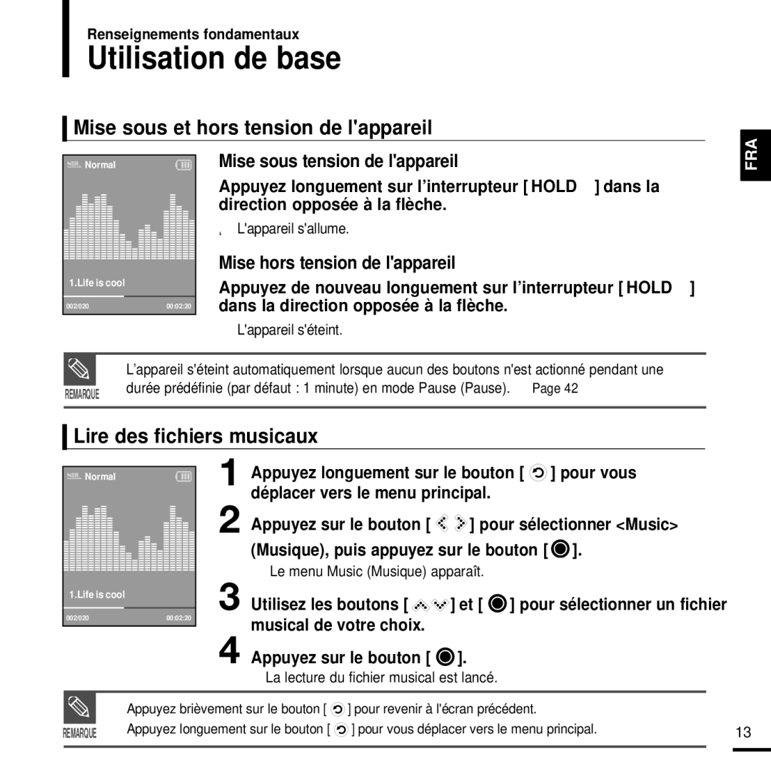 Samsung YP-K3JZB/XEF, YP-K3JAB/XEF Utilisation de base, Mise sous et hors tension de lappareil, Lire des fichiers musicaux 