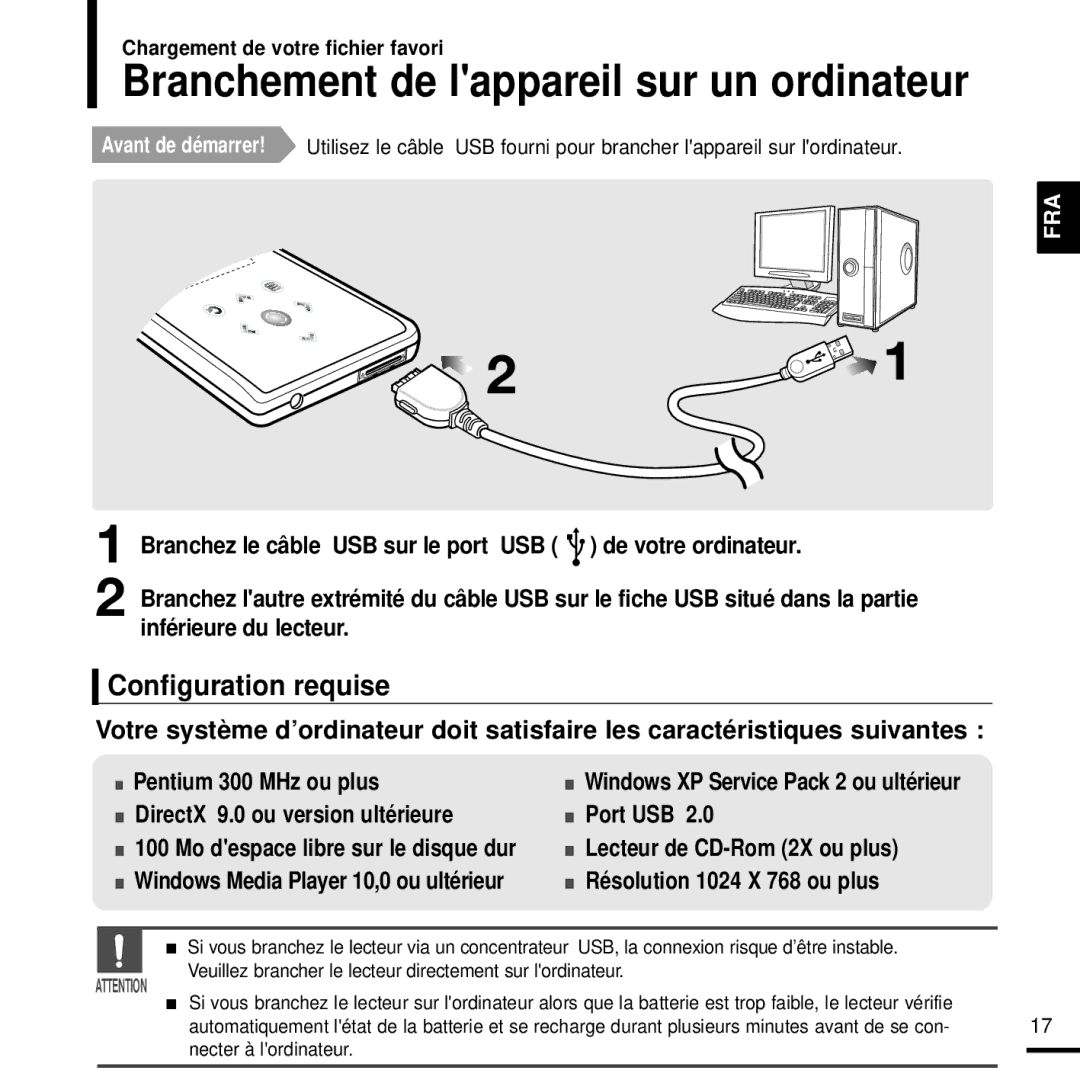 Samsung YP-K3JZB/XEF, YP-K3JAB/XEF manual Configuration requise, Branchez le câble USB sur le port USB de votre ordinateur 