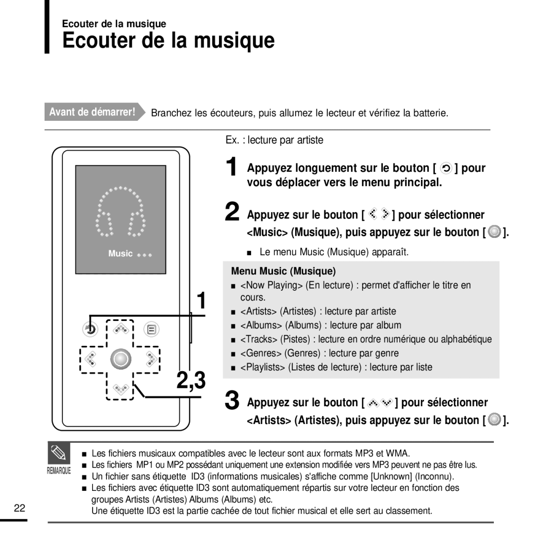 Samsung YP-K3JQB/XEF, YP-K3JAB/XEF, YP-K3JZB/XEF manual Ecouter de la musique, Artists Artistes, puis appuyez sur le bouton 