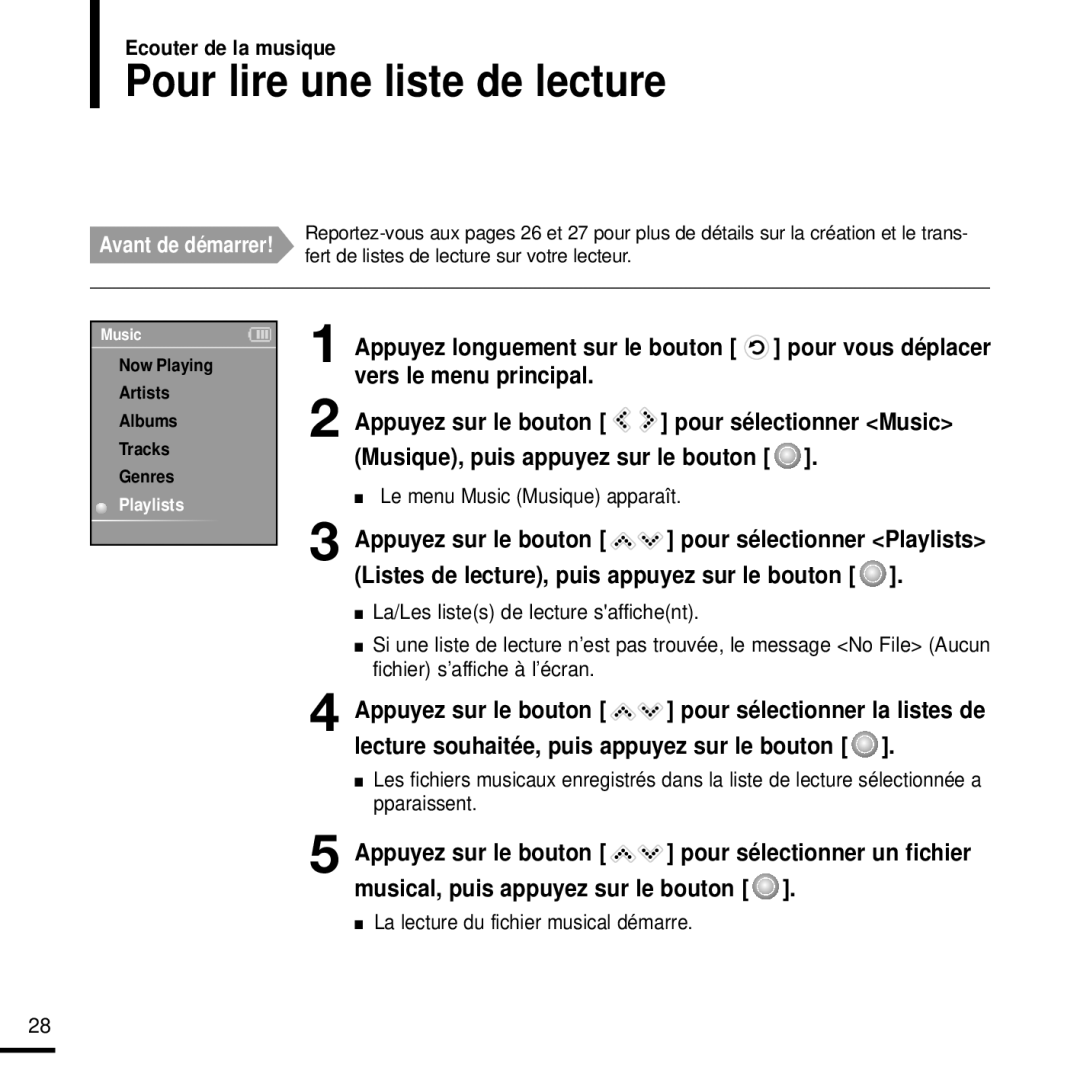 Samsung YP-K3JAB/XEF, YP-K3JZB/XEF manual Pour lire une liste de lecture, Vers le menu principal Appuyez sur le bouton 